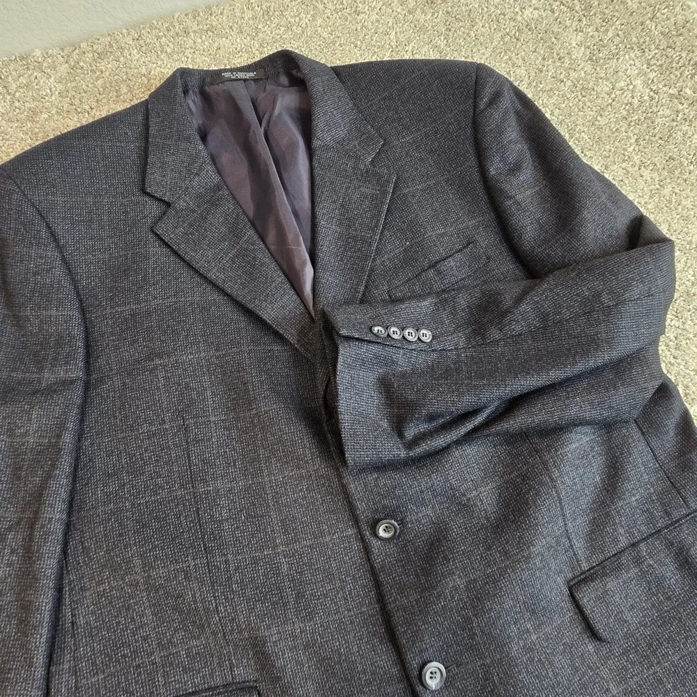 Jones New‎ York Sport Coat Mens 46L Black Blue Tweed  Plaid Lambs Wool 3 Button